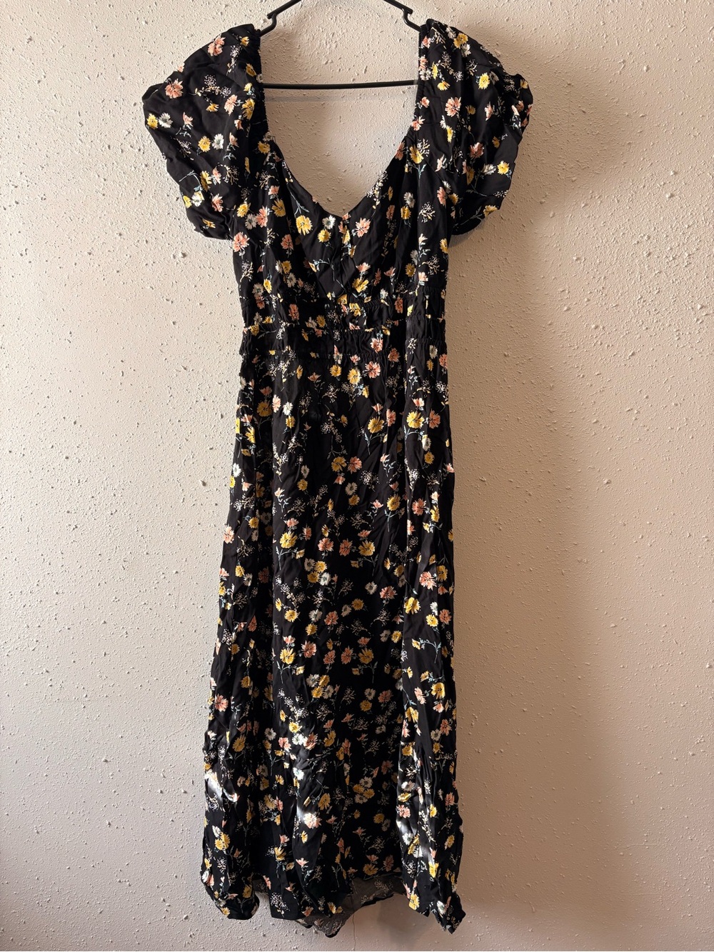 As U Wish Black Floral Midi Dress with Puff Sleeves and V-Neck